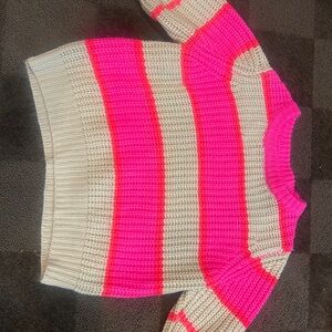 BiBi Hot Pink and Cream Striped Crewneck Sweater